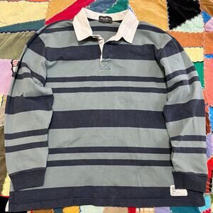 Eddie Bauer Sage Green/Navy Striped Long Sleeve Rugby Polo Large